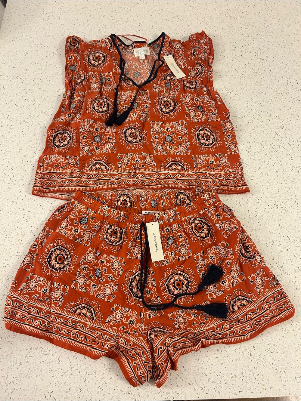 Francesca's Orange & Navy Printed Two-Piece Set